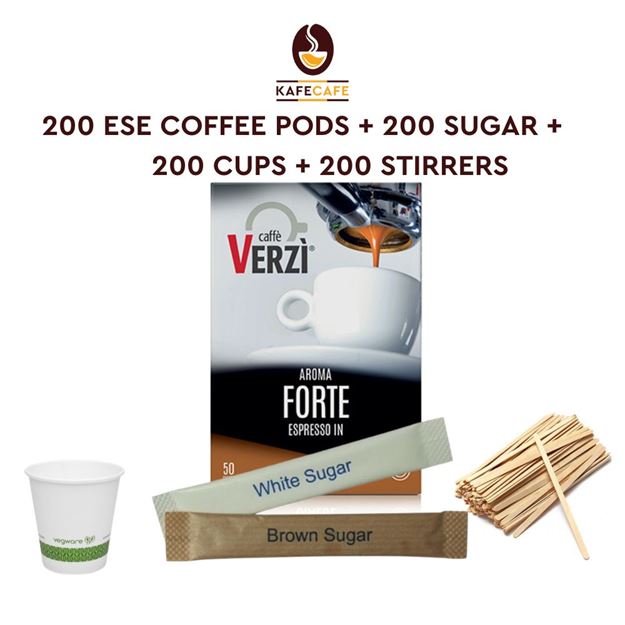 Picture of 200 PAPER PODS AROMA FORTE + 200 CUPS, SUGAR & STIRRERS